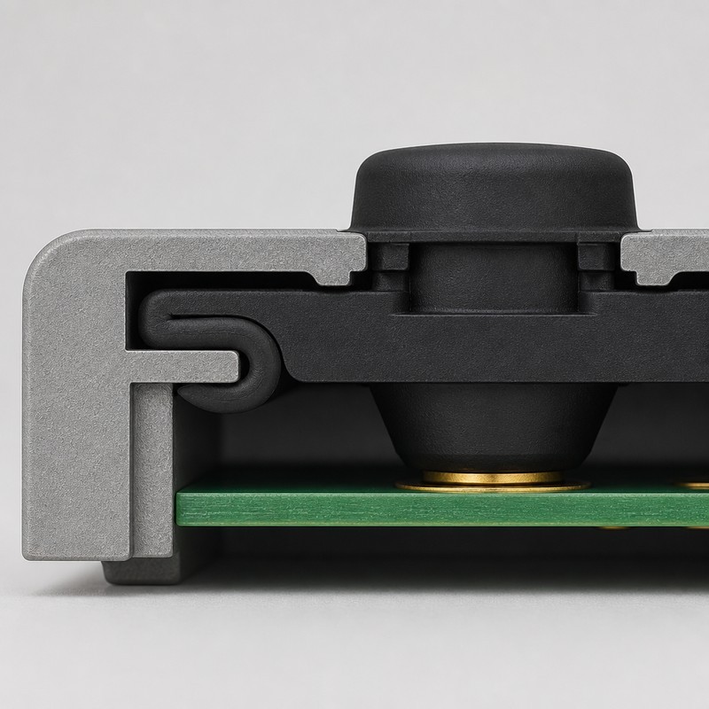 Cross-section of a silicone keypad sealing lip compressed between the keypad frame and the shoulder of a grey plastic housing