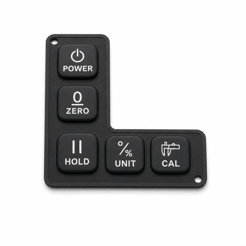 Five-key digital inclinometer silicone keypad with POWER, ZERO, HOLD, UNIT and CAL legends on an L-shaped panel