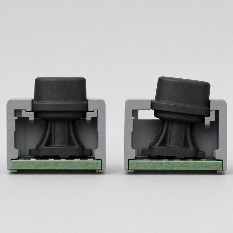 Side-by-side cutaway of two silicone buttons in housing openings, one centred with even clearance and one tilted against an oversized opening
