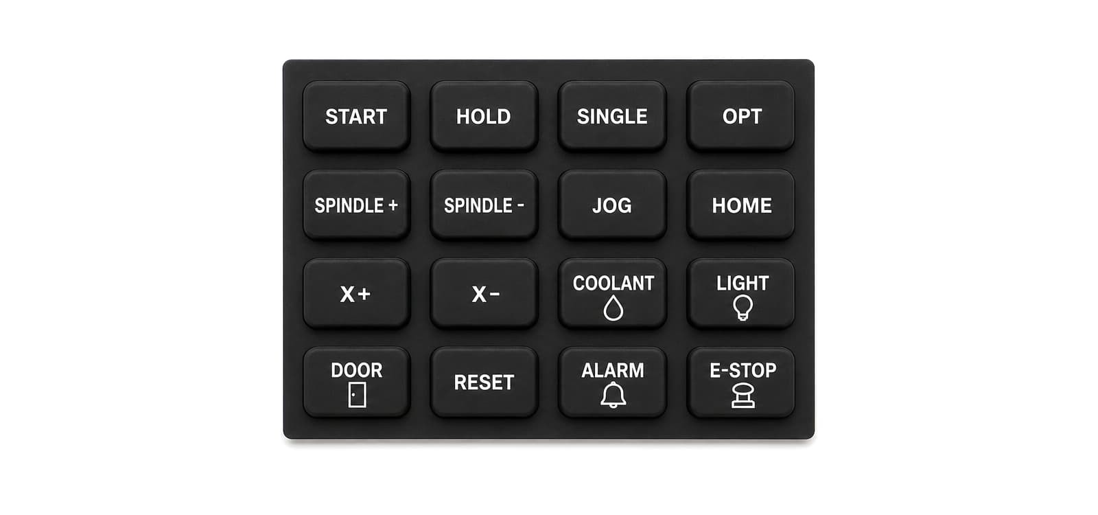 Sixteen button CNC control panel silicone keypad laid flat on a workbench