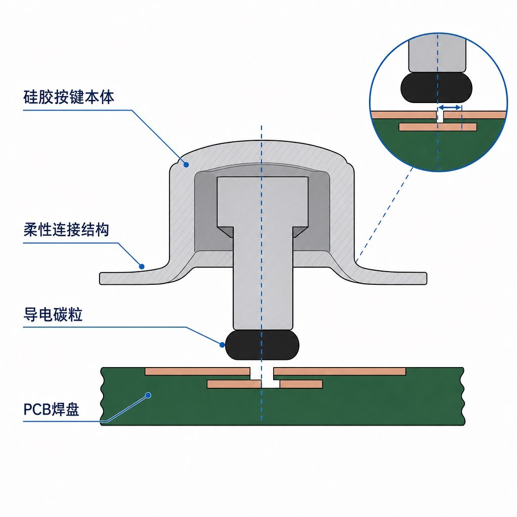硅胶按键与 PCB 焊盘对位的剖面示意图，标注按键本体、柔性连接结构、导电碳粒与 PCB 焊盘