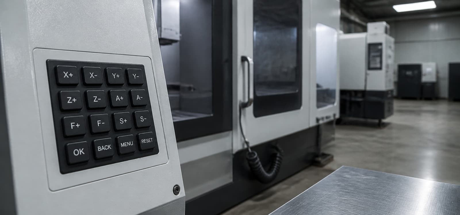 CNC machining centre control panel fitted with a moulded silicone keypad on the machine