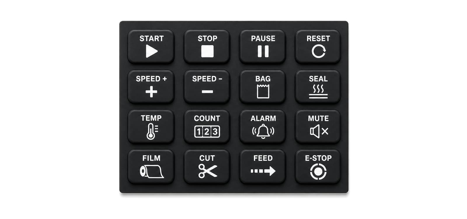 Packaging machine control panel with a silicone keypad mounted on the front face