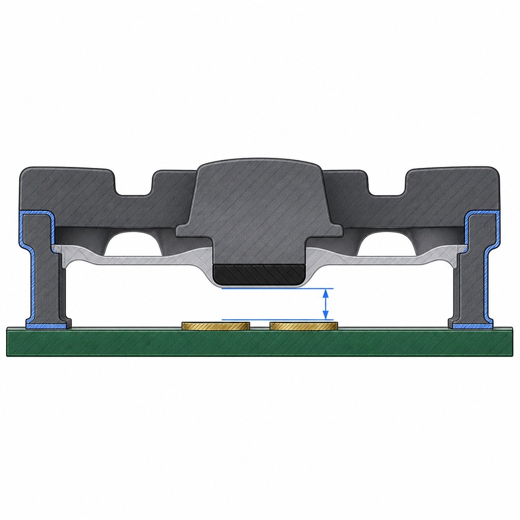 Cross-section of silicone keypad over PCB showing web, carbon pill and contact pads