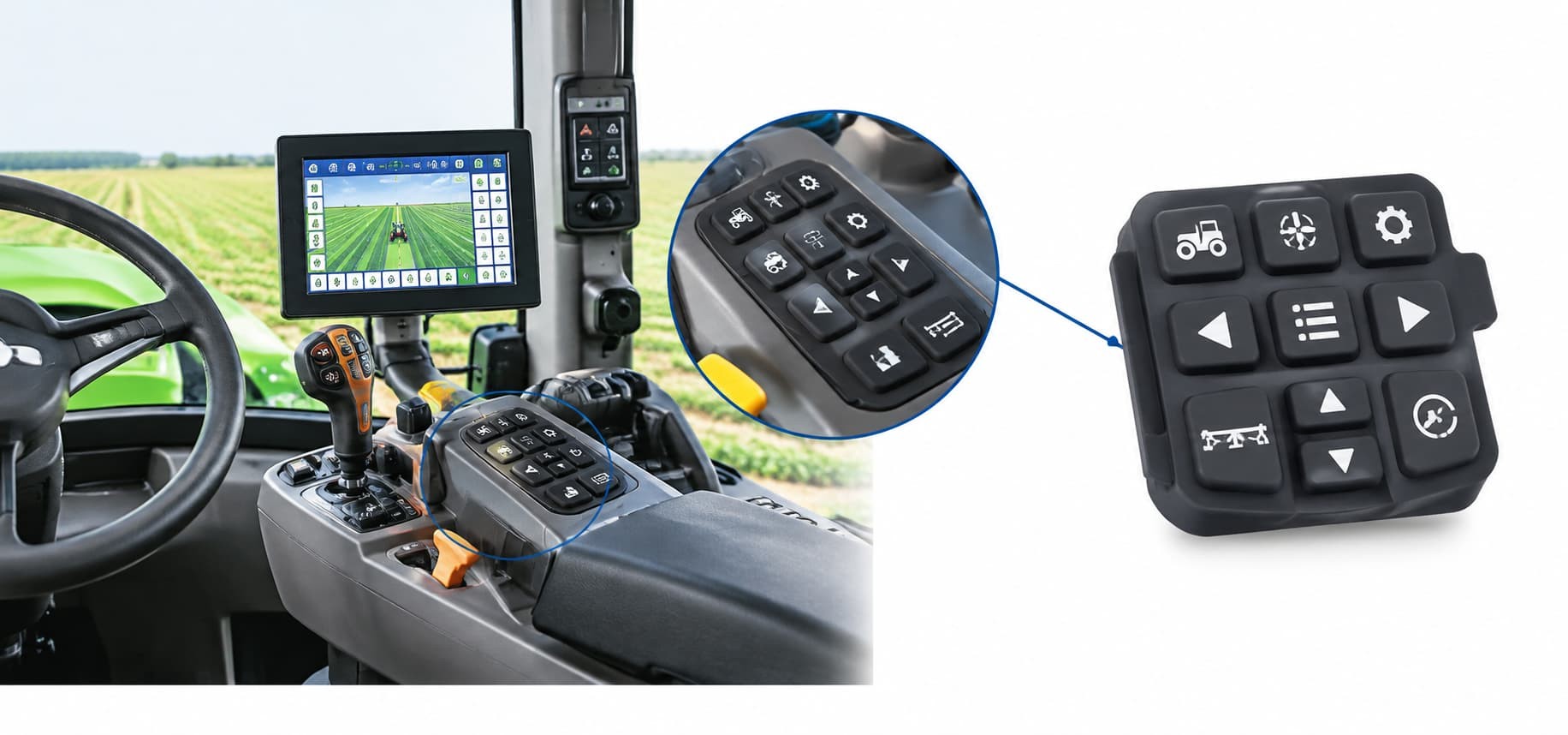 Tractor cab operator console with a multi-button silicone keypad and display beside the window