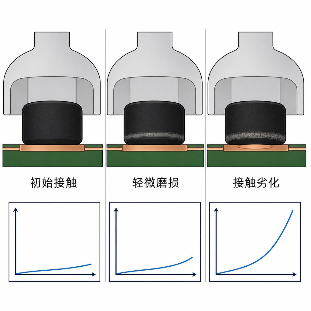 导电碳粒在接触循环中的三个状态示意：初始接触、轻微磨损、接触劣化，下方为对应的接触电阻上升趋势