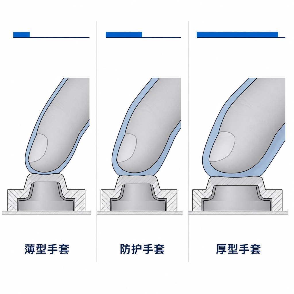 薄型手套、防护手套、厚型手套三种状态下手指按压同一硅胶按键的对比示意，上方指示条表示所需额外力度递增