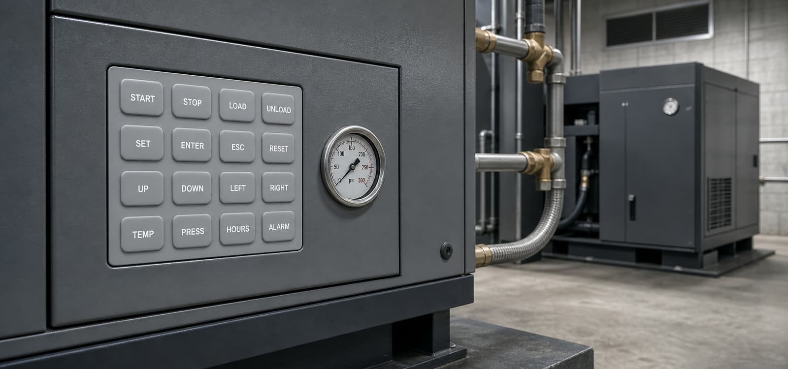 Air compressor controller panel with silicone rubber keypad in an operating plant room