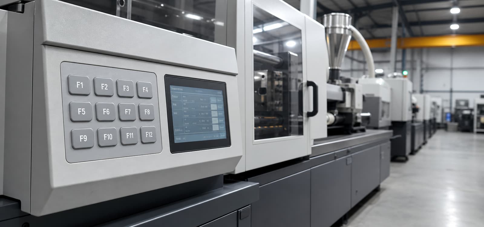 Injection moulding machine control panel with silicone keypad running in a production hall