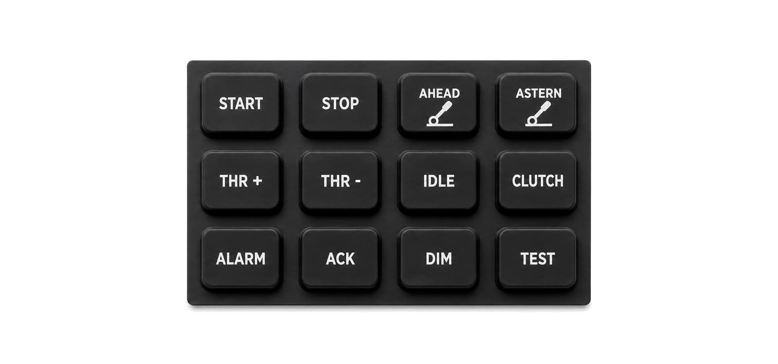 Marine equipment control panel keypad with grouped function buttons and sealed overlay