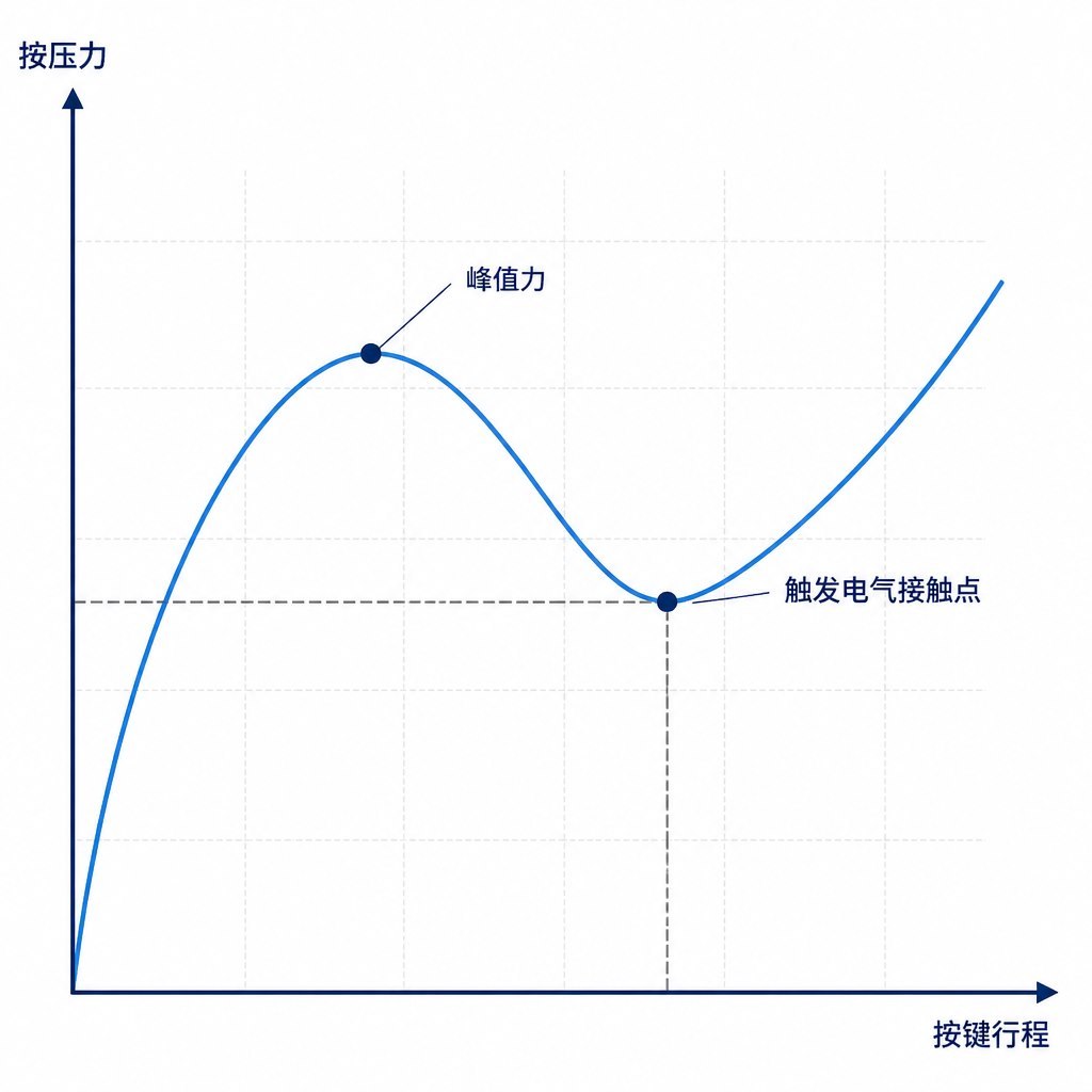 硅胶按键按压力与行程关系曲线示意图，标注峰值力与触发电气接触点