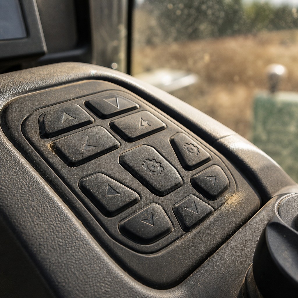 Dusty black silicone keypad on a tractor dashboard, dust packed into the panel seams