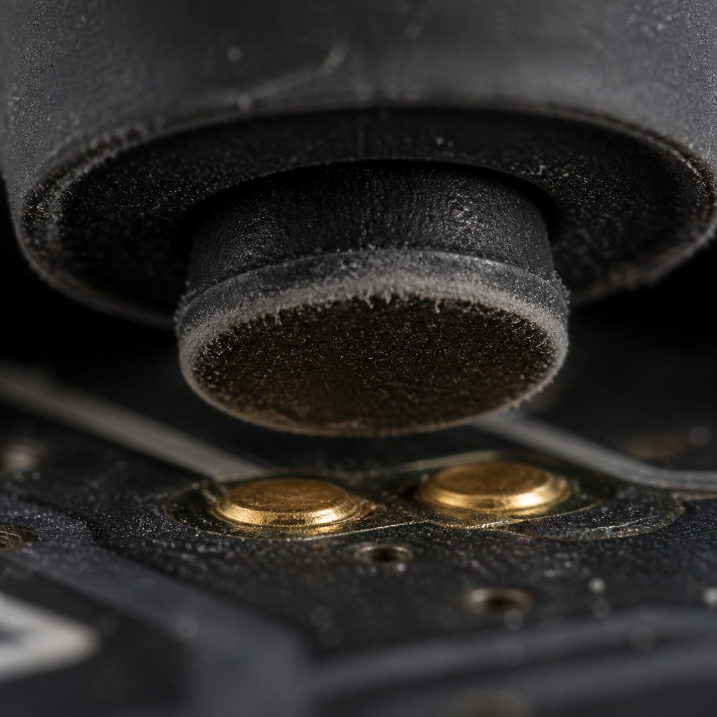 Macro view of a worn carbon conductive pill above gold-plated PCB contact pads with dust film