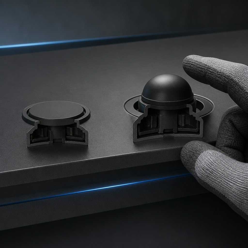Flat low-profile keycap beside a raised domed keycap as a work-gloved finger approaches