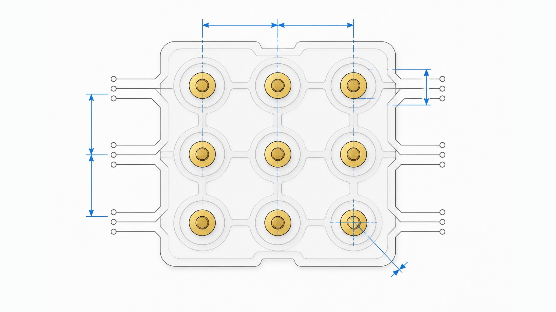 Blueprint top view of a three by three contact pad array under a compact keypad