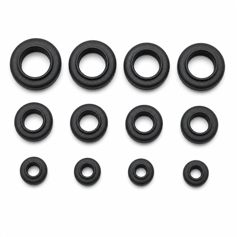 Assorted black round rubber grommets in three size rows showing flange and bore proportions for panel hole sizing