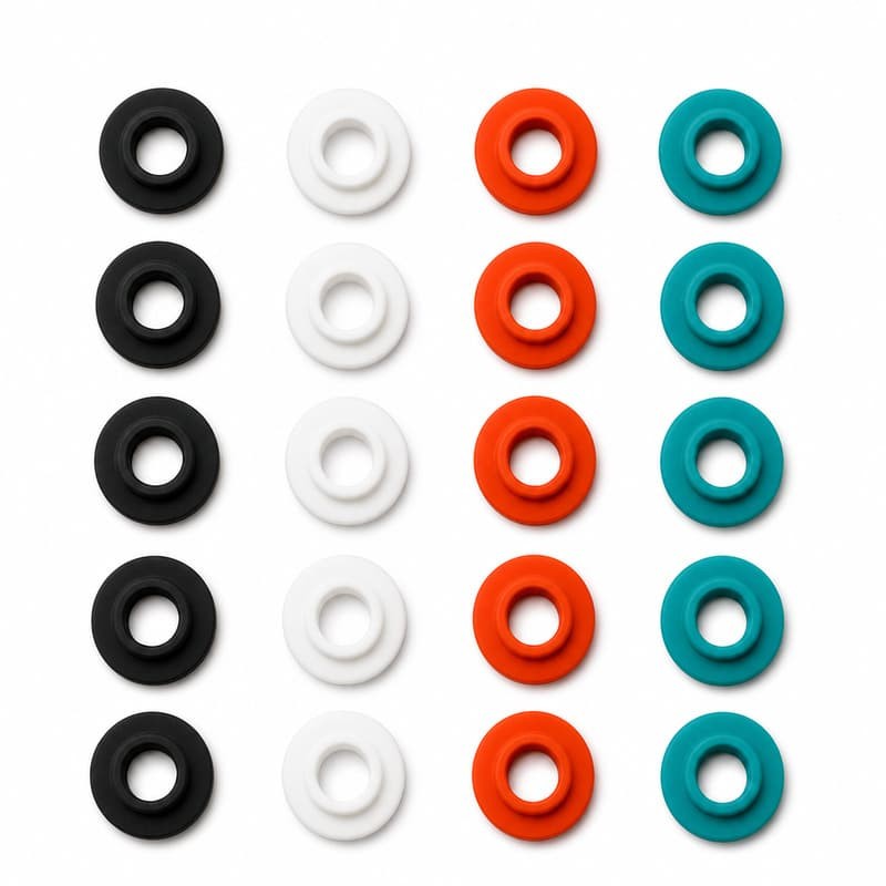 Silicone rubber grommet rings in black white orange and teal colour columns for identification coding in custom moulded parts