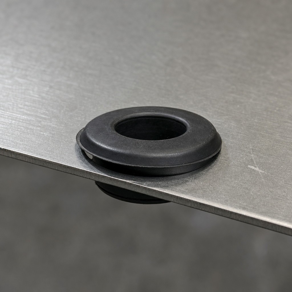 Rubber grommet fitted in a sheet metal panel hole with the flange standing proud of the panel surface showing incomplete groove engagement