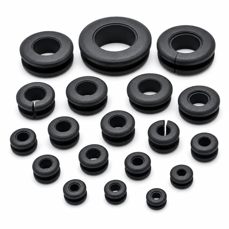 Assorted rubber grommets of increasing size in black showing flange and groove proportions used for retention troubleshooting