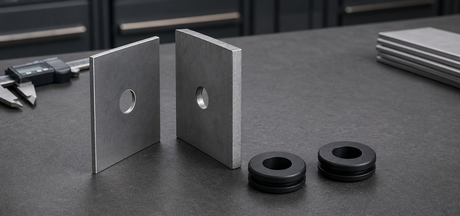 Two sheet metal panels of different thickness standing side by side with matching rubber grommets laid in front for panel thickness matching