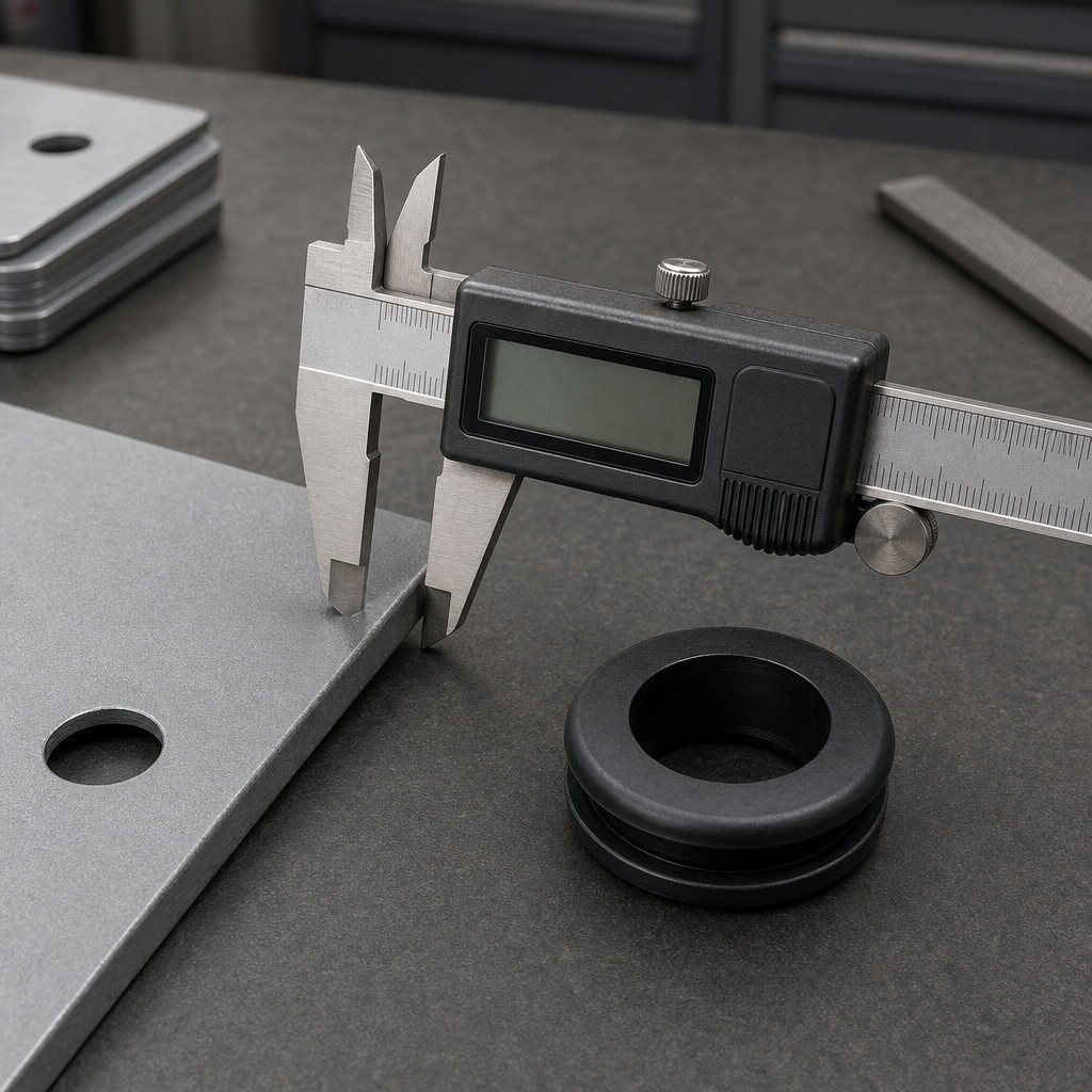 Digital vernier caliper measuring sheet metal panel thickness beside a rubber grommet for panel thickness and hole size matching