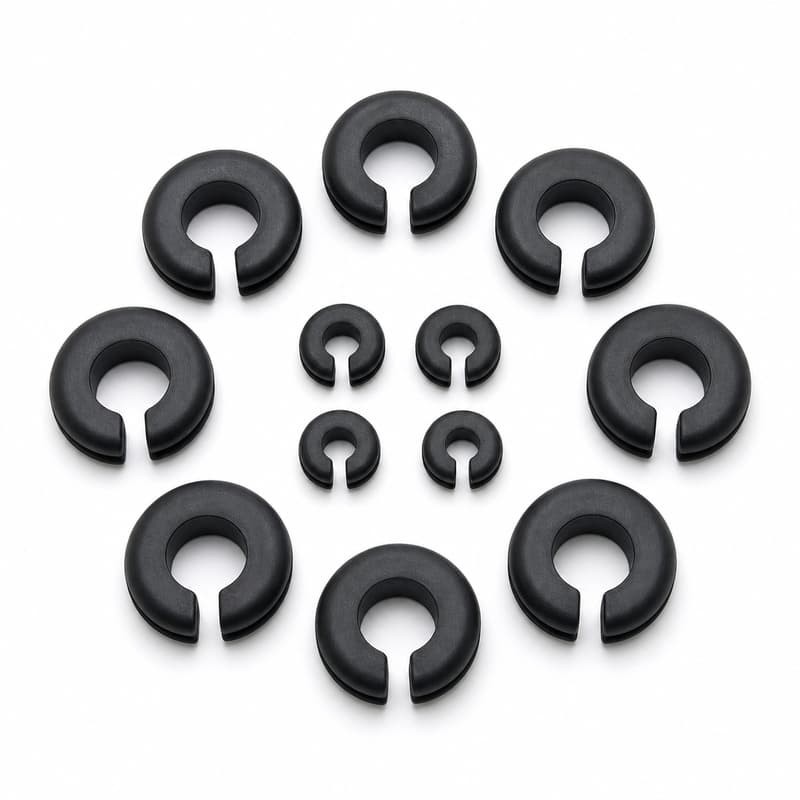 Side entry rubber grommets with open slots in several sizes for non-round panel openings and cable routing
