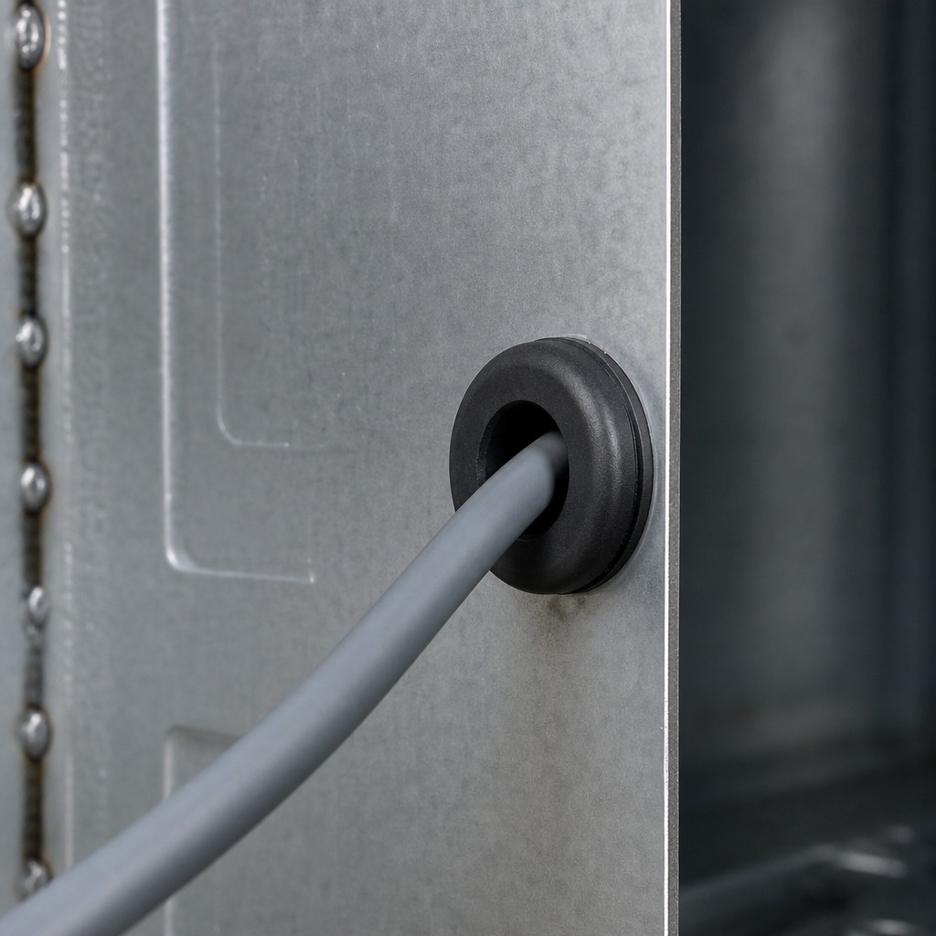 Rubber grommet seated in a thin galvanised sheet metal panel with a grey cable passing through inside a control enclosure