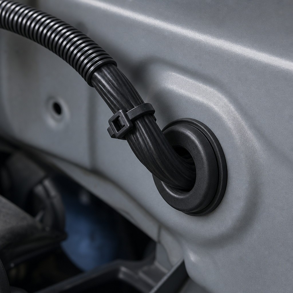 Black automotive wire harness with corrugated sleeve passing through a rubber grommet in a painted steel firewall panel