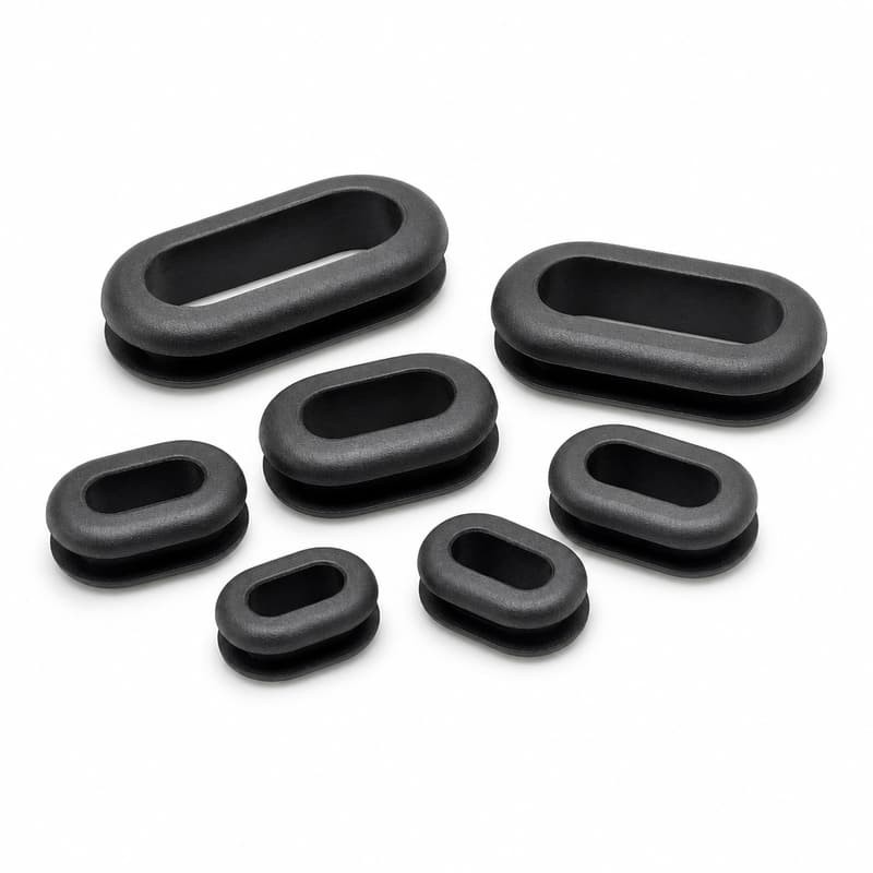 Set of black oval rubber grommets of several sizes for automotive panel and wire harness pass-through applications