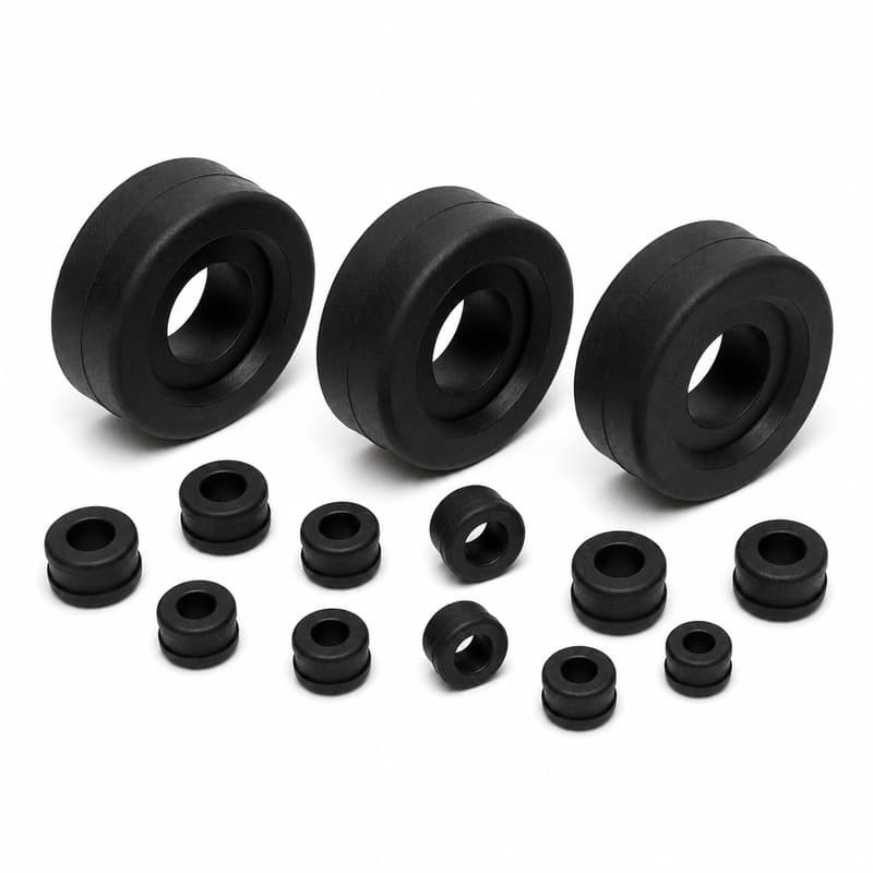 Three large thick-wall black rubber grommets with a group of small grommets on a white background