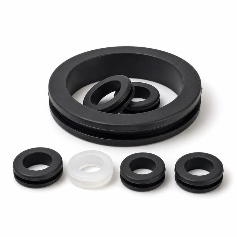 Large thick-wall black silicone grommet with a set of smaller grommets on a white background