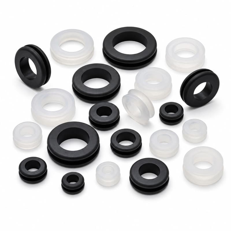 Assorted black and translucent silicone rubber grommets in different sizes laid out on a white background