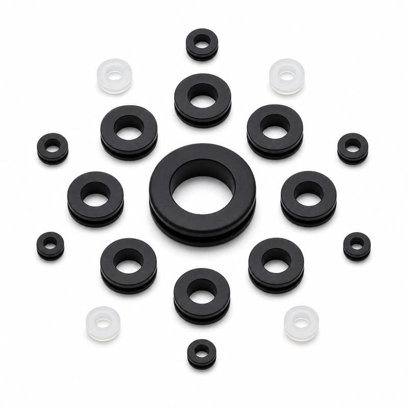 Silicone grommets arranged in a radial pattern with one large centre grommet on a white background