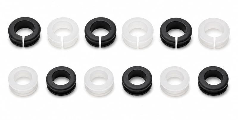 Row of black and translucent silicone grommets, some with a cut wall, arranged on a white background