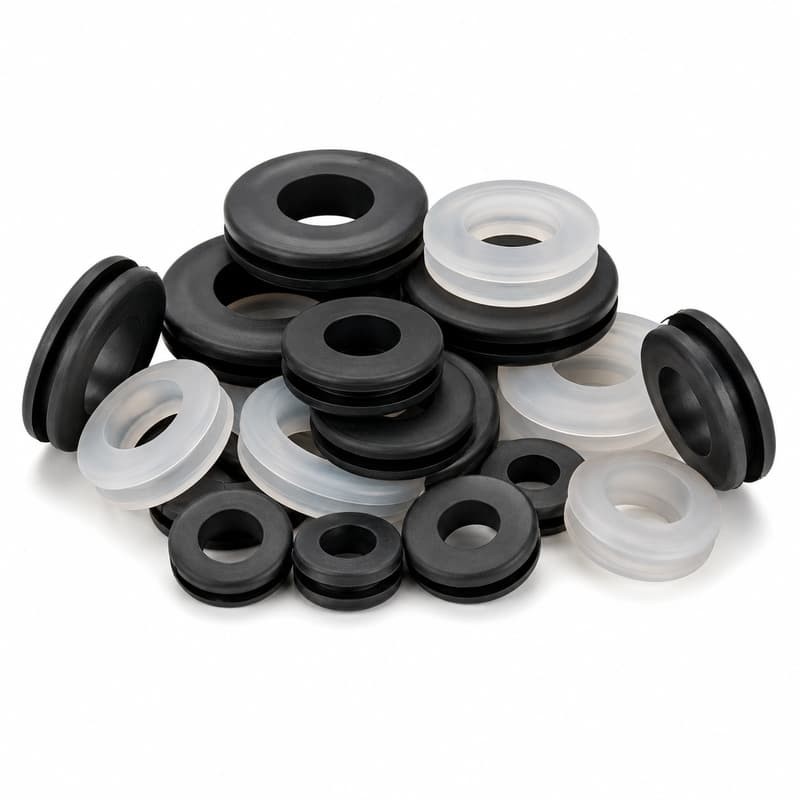 Heap of soft silicone grommets in black and translucent grades on a white background