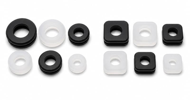 Round and square-shoulder silicone grommets in black and translucent grades on a white background