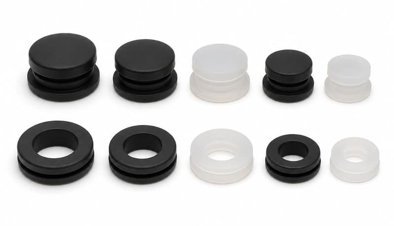 Closed silicone blanking plugs and open ring grommets in black and translucent silicone on a white background