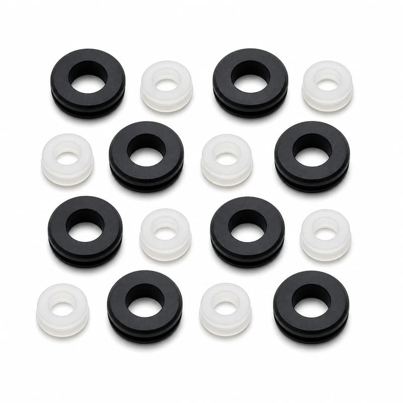Twelve silicone grommets in alternating black and translucent silicone arranged in a grid on a white background