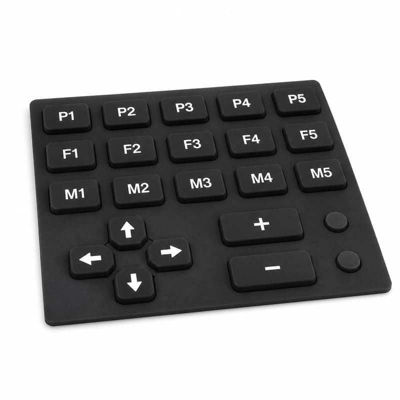 Silicone button panel for an electro-hydraulic control with P1 to P5, F1 to F5 and M1 to M5 key rows, a four-way arrow cluster and two round auxiliary buttons