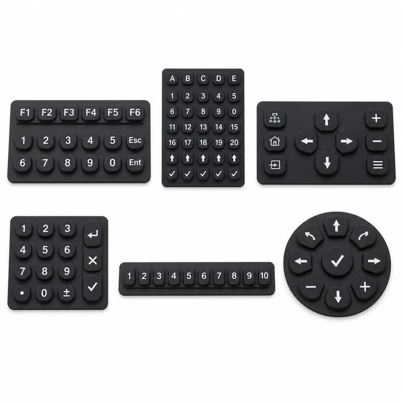 Six custom silicone keypads for electro-hydraulic panel layouts, including an A to E function matrix, a numeric pad with Esc and Enter, a calculator layout, a horizontal number strip and a round direction pad