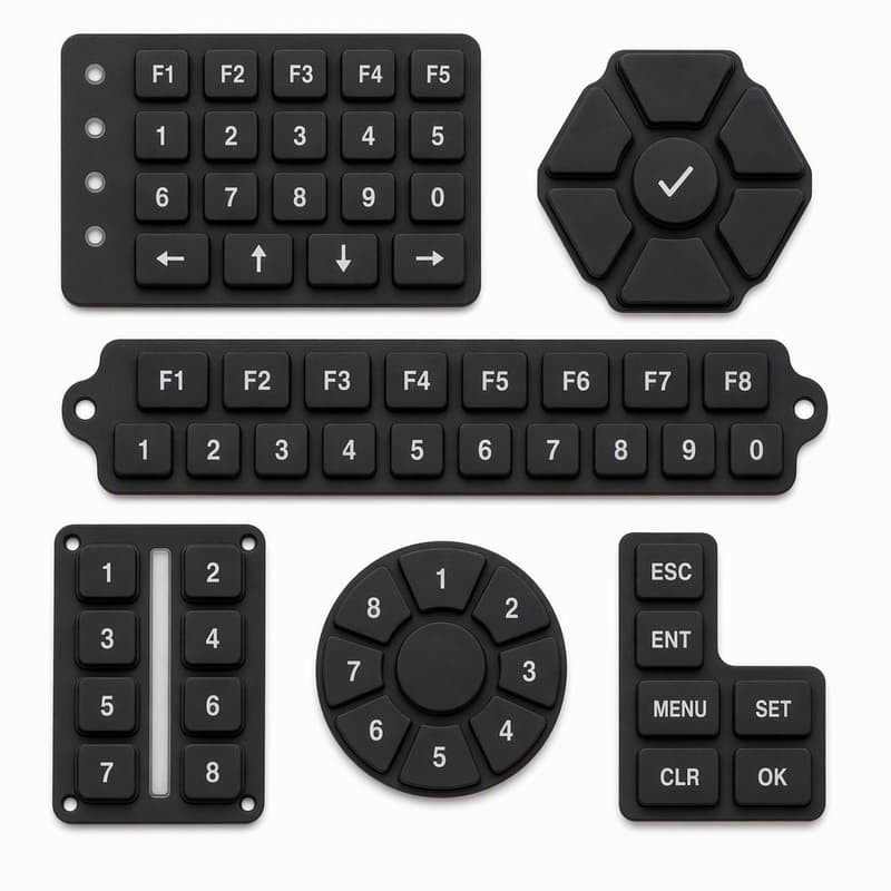 Custom silicone keypad variants for control panels including F1 to F5 keys with LED light windows, an F1 to F8 numeric row with mounting ears, a vertical two column number pad with a light bar and a circular one to eight selector dial