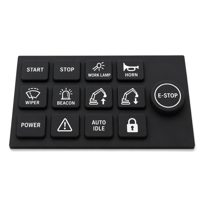 Black silicone overlay for a heavy equipment operating panel with Start, Stop, work lamp, horn, wiper, beacon, boom, power and auto idle keys plus a lock key and a round emergency stop button