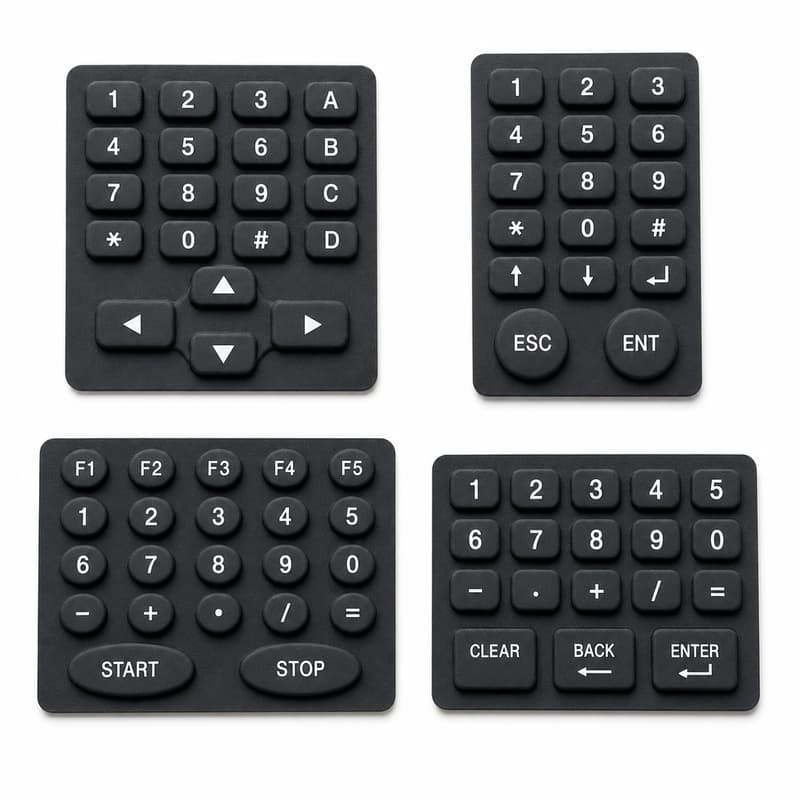 Four custom silicone keypads for controller panels, including a numeric pad with A to D letter keys and an arrow cluster, a numeric pad with Esc and Ent keys, a function key row with Start and Stop buttons, and a numeric pad with Clear, Back and Enter keys