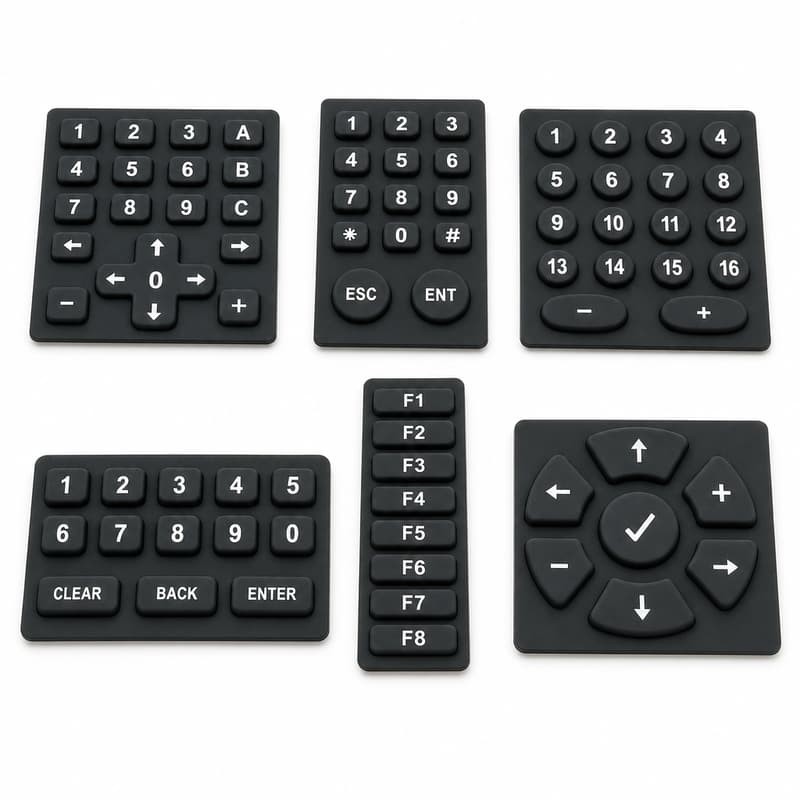 Six moulded silicone controller keypads including a matrix pad with letter keys and arrow keys, a vertical F1 to F8 function strip, a numeric pad with Clear, Back and Enter buttons, and a round direction pad with a centre confirm key