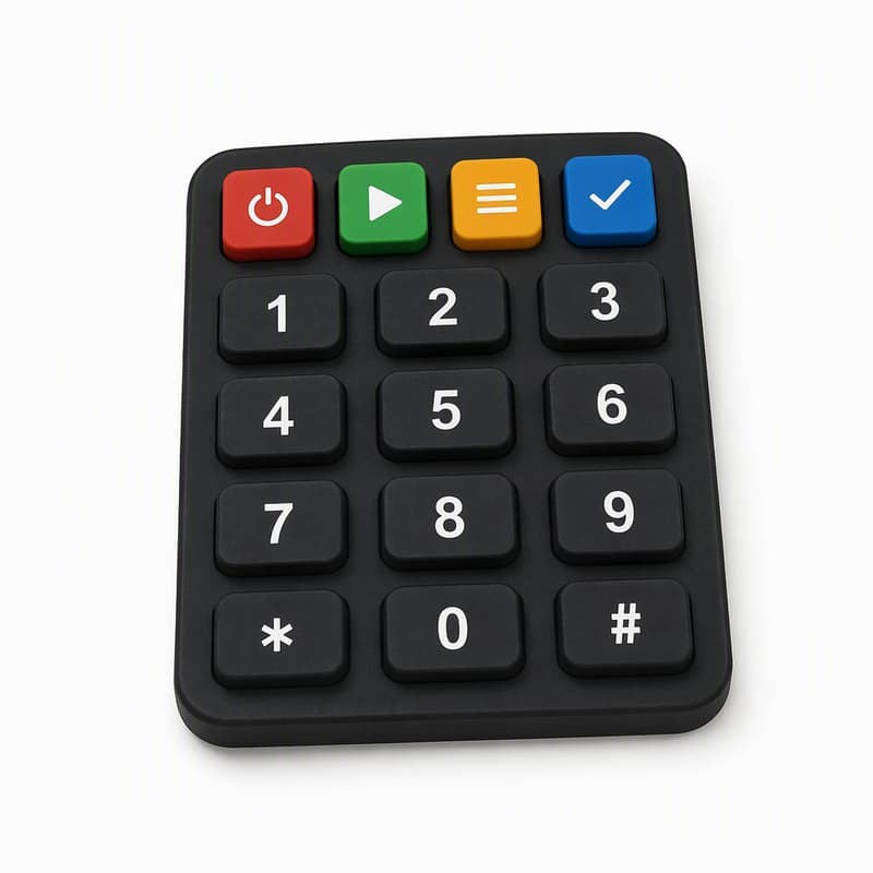 Silicone controller keypad with red power, green start, yellow menu and blue confirm function keys above a numeric one to nine grid with star, zero and hash keys