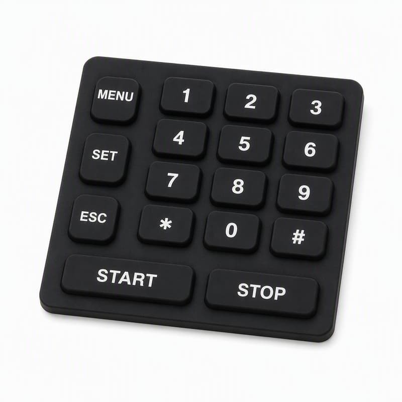 Silicone keypad with a Menu Set and Esc column beside a numeric 1 to 9 key grid and wide Start and Stop buttons