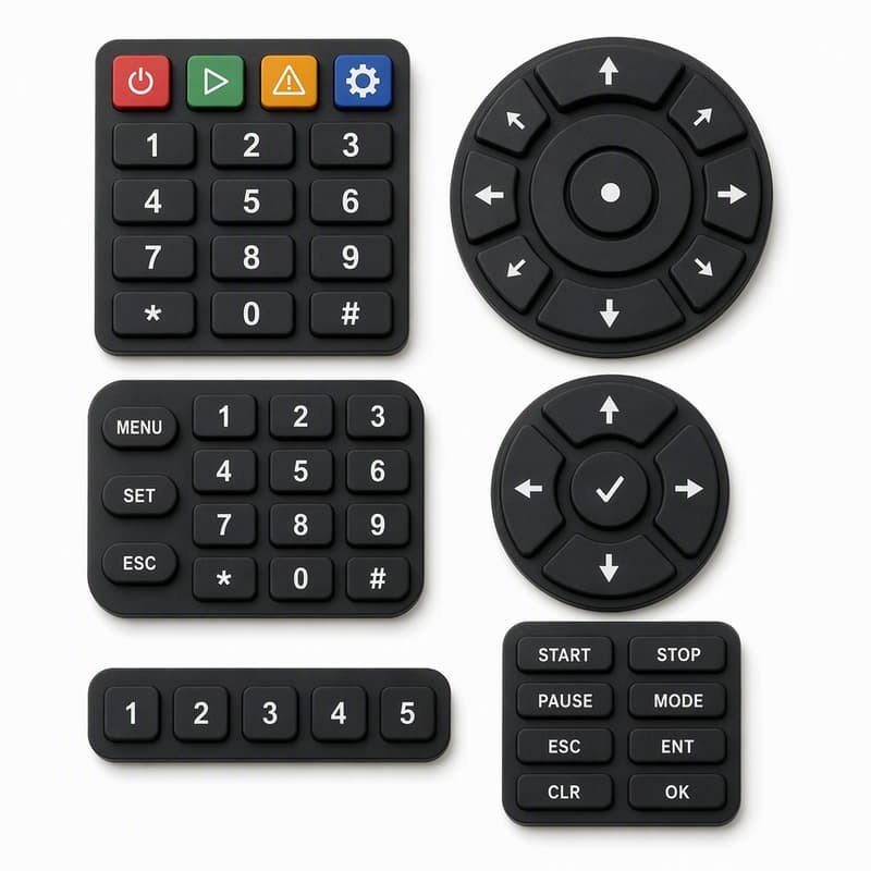 Custom silicone keypad set including a coloured four-key function row above a numeric grid, two round direction dials with centre confirm keys, a Menu Set Esc numeric pad and a Start Stop Pause Mode Esc Enter Clr Ok button block