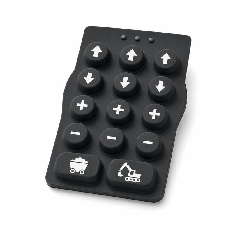 Silicone panel button pad for mining equipment with three columns of up, down, plus and minus buttons and two wide haul truck and excavator icon buttons in the bottom row
