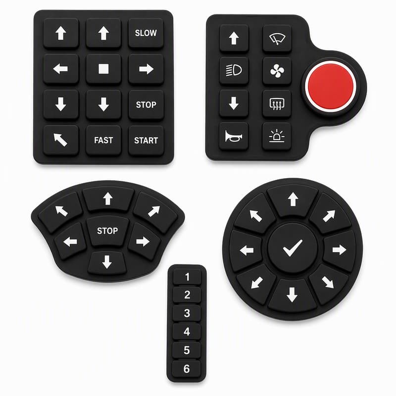 Silicone keypad set for heavy machinery panels including a Start Stop Slow Fast arrow pad, an icon panel with a large red round button, a curved Stop pad and a round eight-way direction pad