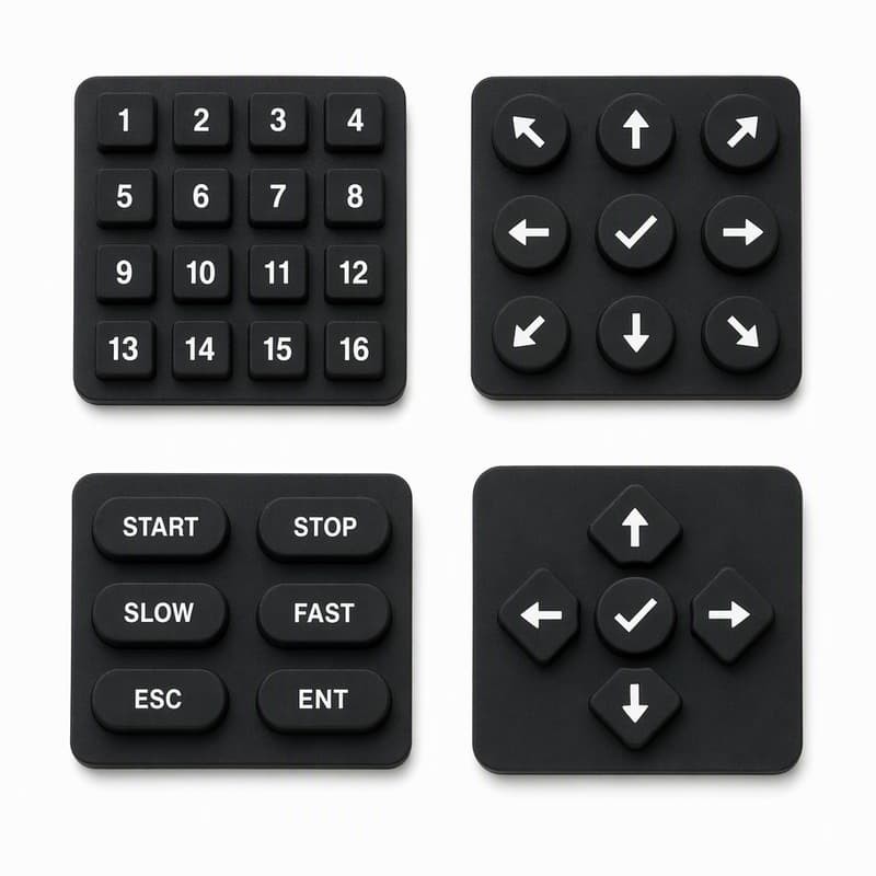 Four black silicone keypad mouldings for mining machine panels including a one to sixteen numeric pad, an eight way round direction pad with centre confirm, a Start Stop Slow Fast Esc and Enter button group and a diamond shaped four way pad